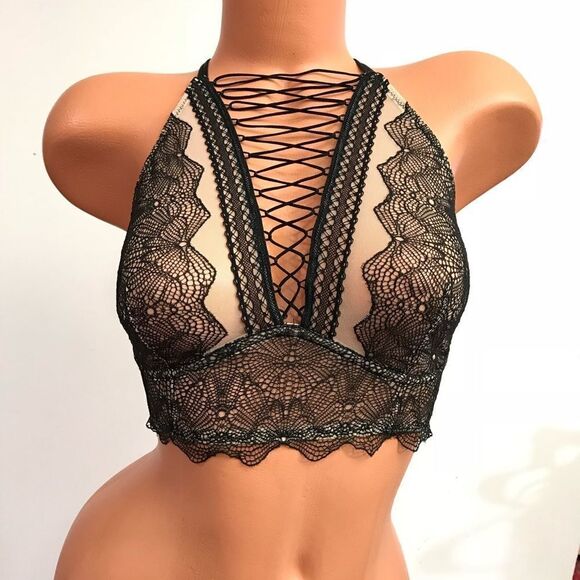 Victoria’s Secret Sexy lace up high neck bralette bra black Large - Picture 4 of 6